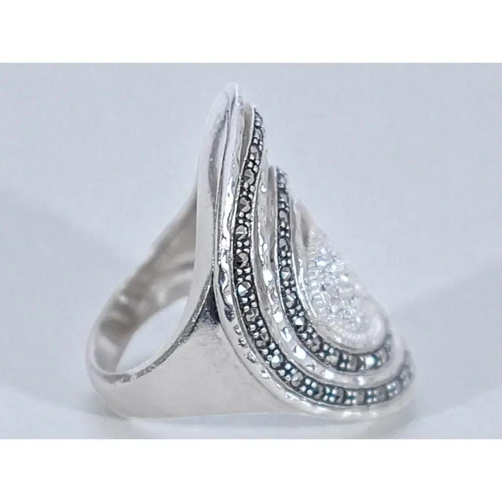 Sterling Silver 925 Spiral Statement Ring Cubic Zirconia Marcasite Size 6